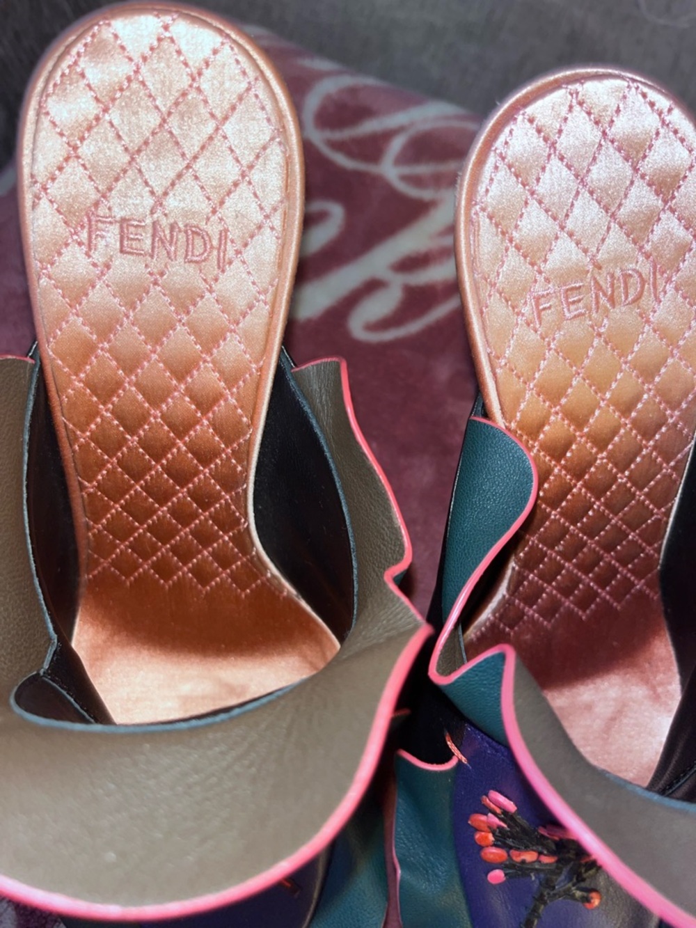Fendi Green & Purple Floral Embroidered Leather Mules - Picture 4 of 14
